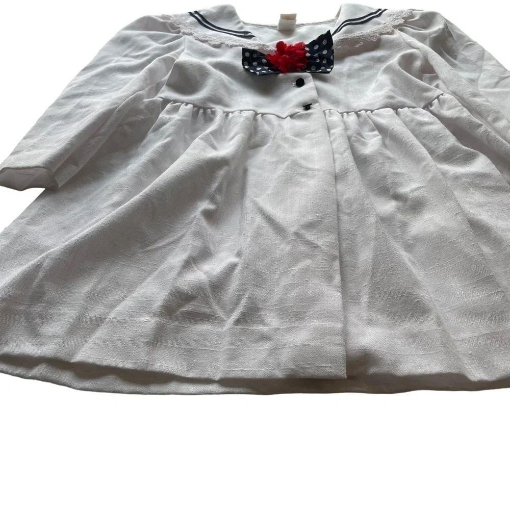 Vintage Just Adorable Sailor Dress White Navy Blue Size 6X Nautical Lace lapel